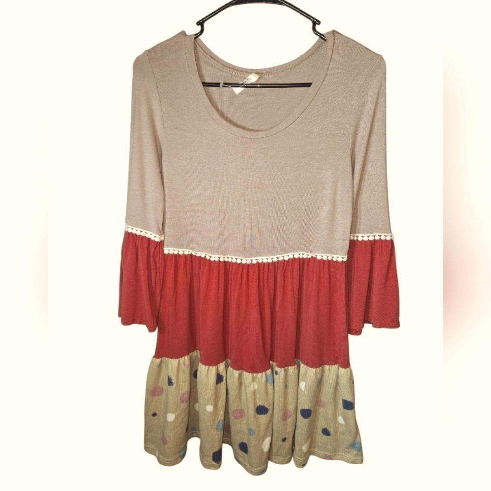 Colorful Tiered Dress with Polka Dots & Bell Sleeves, Medium